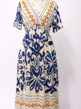 Cupshe Cream Midi Dress with Blue Print and Orange Embroidery